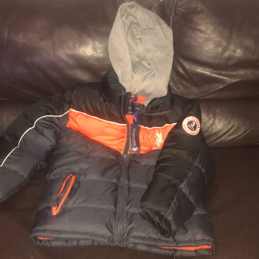U.S. polo assn boys medium black, gray & orange puff coat